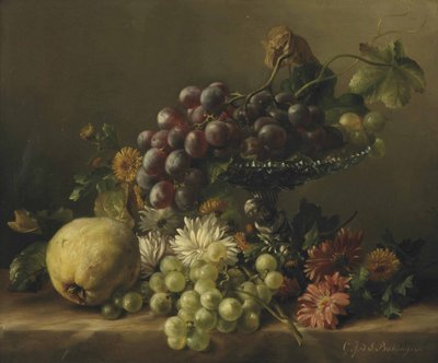 A Quince, Dandelions, Daisies, Dahlias, and a Plateau with Grapes, All on a Ledge by Gerardina Jacoba van de Sande Bakhuyzen